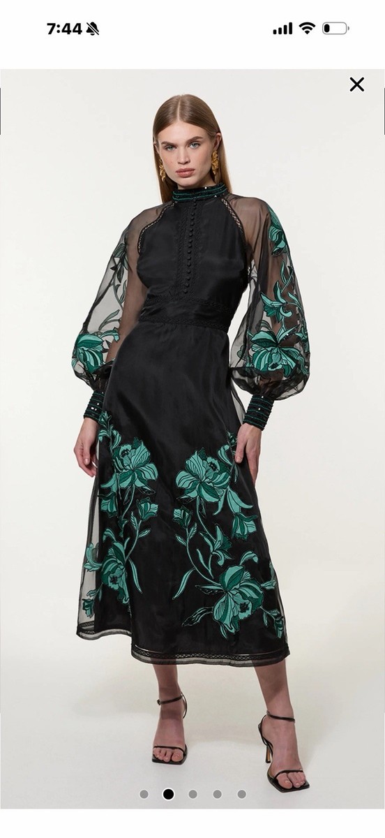 Karen millen Black Green Floral Embroidered Sheer Balloon Sleeve Midi Dress  XS/S | eBay