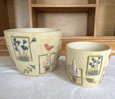 2 Ceramic Planters Pots Bird Floral Cottage G...