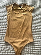 Women s Beige Solid Stretch One-Piece Bodysuit Square Neck Size S