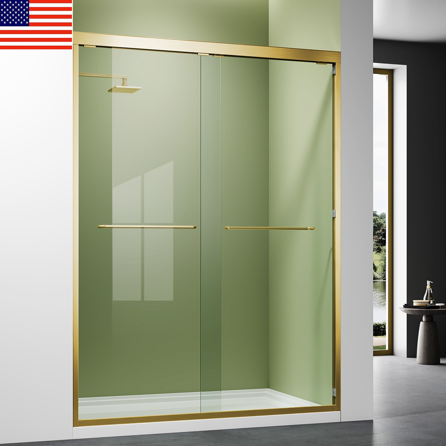 Brushed Gold 54x72 Double Sliding Shower Glass Door with Screen