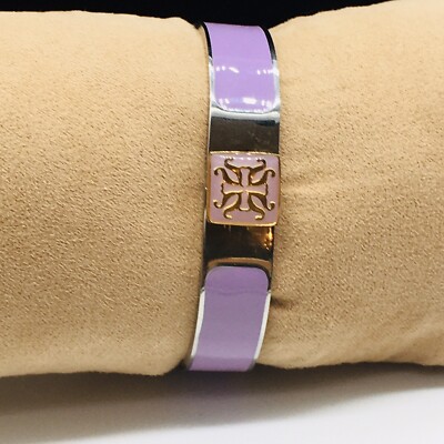 Rustic Cuff Lilac Enamel Silver Tone GT Logo Clasp Hinged Bangle Bracelet