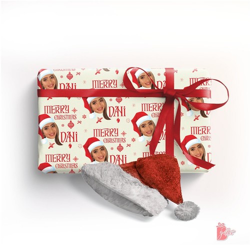 Personalized Gift Wrap w/ Christmas Face Photo Cutout in Red Hat Wrapping Paper - Picture 7 of 10