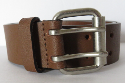 Dickies Mens Leather Belt Brown Double Prongs Size 32 Silver Tone Buckle 1 1/2" - Picture 2 of 11