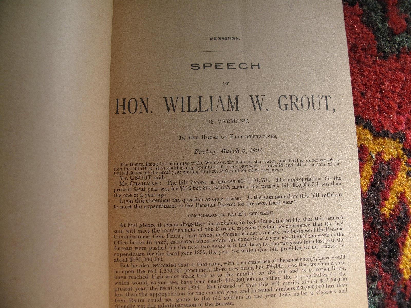 Government Document Pamphlet Speech William W. Grout Vermont US Pensions 1894