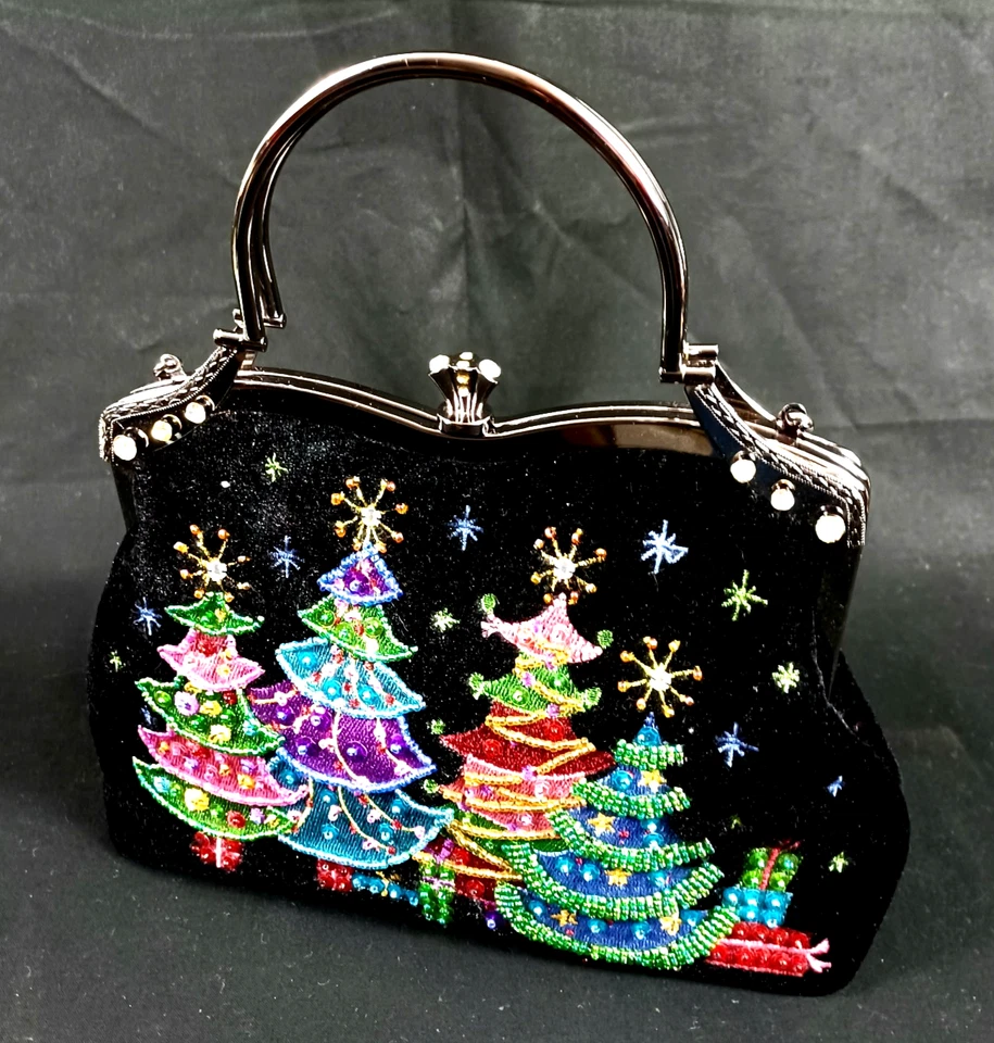 BOLSO VENDULA DE COLECCIÓN Terciopelo Negro con Estrás Lentejuelas Coloridas Árboles de Navidad Foto 3 de 4