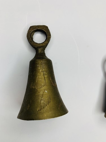 Vtg Brass Bells 1 Engraved Etched India & 1 Unmarked Stars Wings Nice Sound READ - Picture 4 of 6
