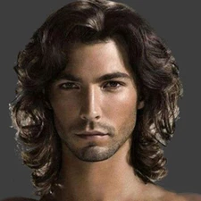 Men Wigs Dark Brown Long Curly Waves for Man Heat Resistant Synthetic Hair New