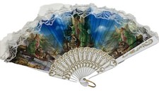 Vintage Celluloid Hand Fan Lace  Angels Protecting Children   Fabric Pattern PO
