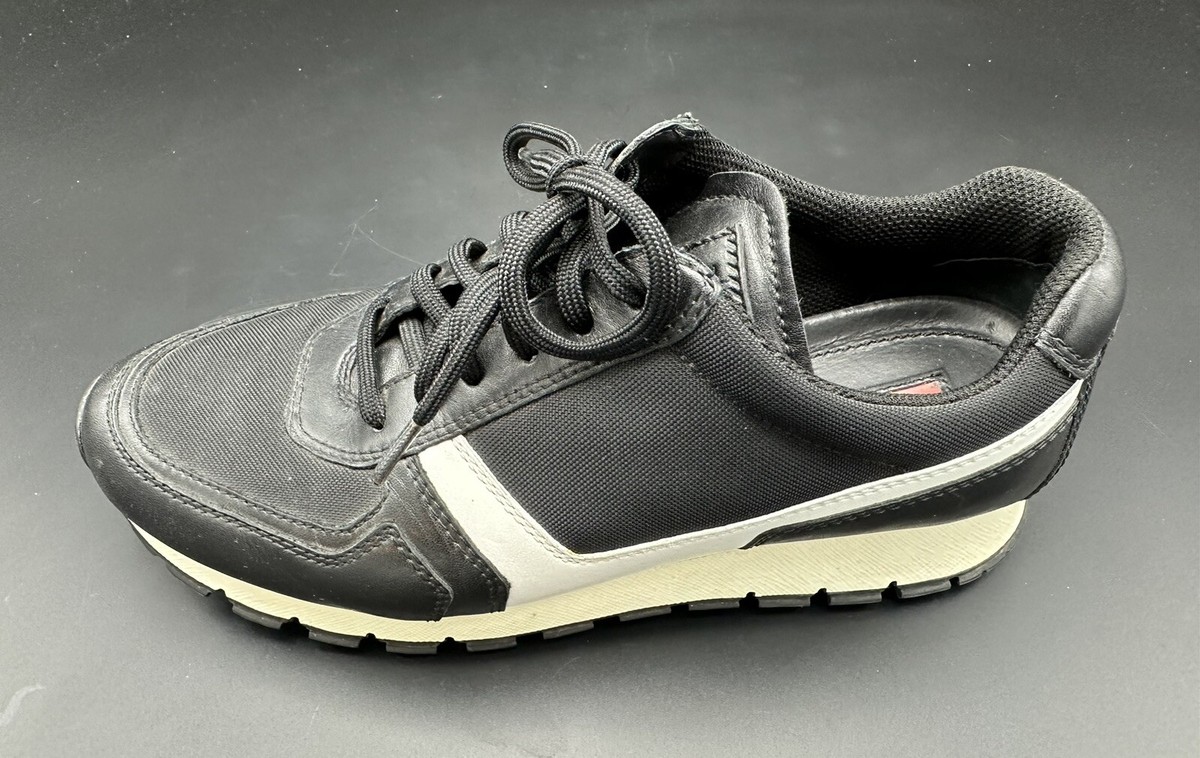 Prada Two Tone Black/White Leather, Black Mesh Fashion Sneakers