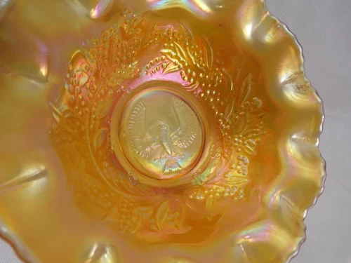 Crown Crystal carnival glass bowl marigold Piping Shrike nappy