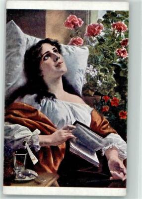 39628254 - signed Lieck Recovery Young Woman Dreaming Over A Book Salon