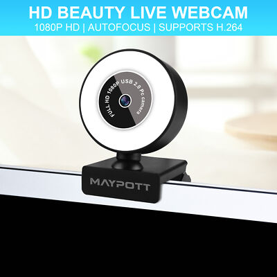 HD 1080P Webcam w/Microphone USB Autofocus Camera 3-Gear Light Video Call+Tripod