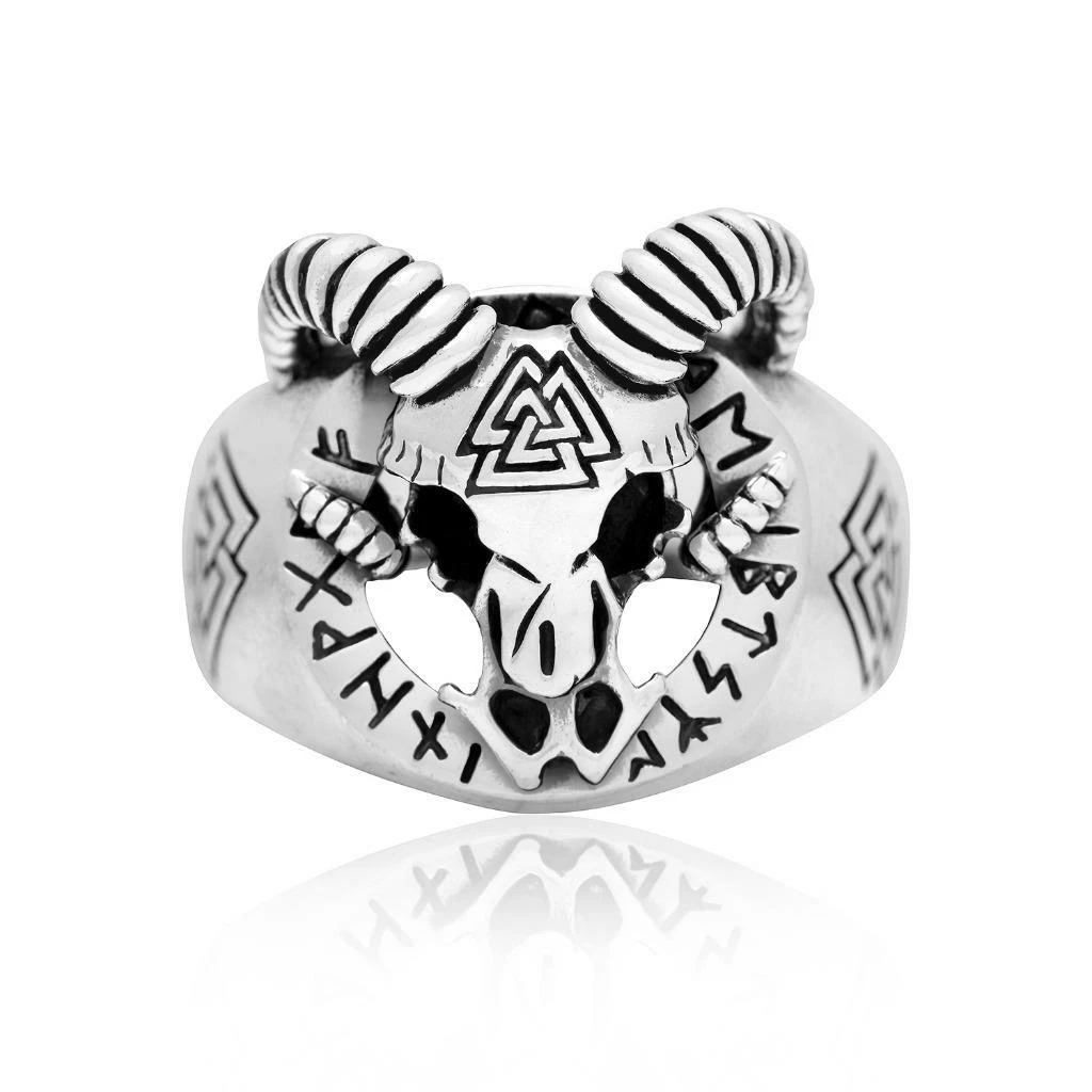 925 Sterling Silver Viking Ram Goat Skull Head Valknut Runes Ring