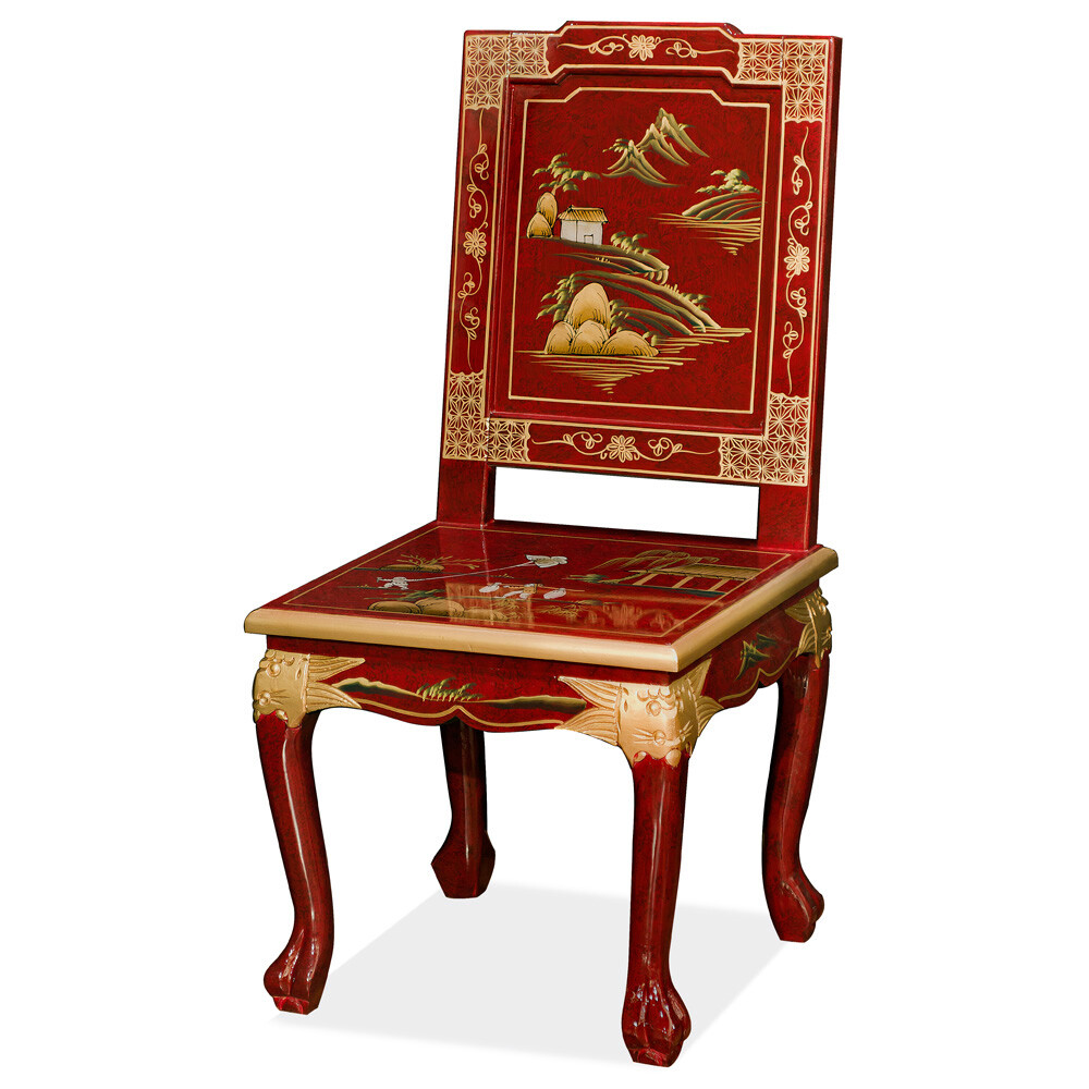 US Seller - Red Queen Anne Chinoiserie Scenery Motif Oriental Accent Chair