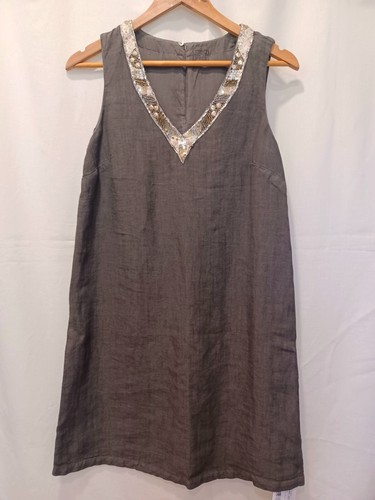 120% LINO Linen Boho Short Dress Embellished V-Neck Made in Italy Size M