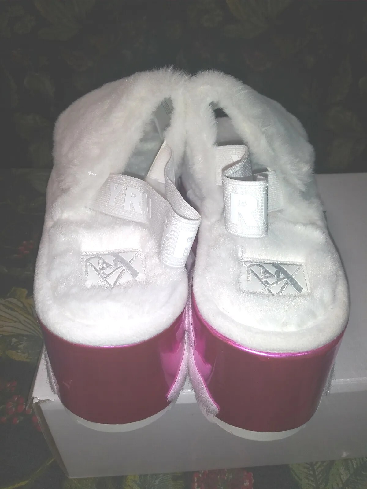 YRU Pink Sky and Clouds FAUX FUR PLATFORMS. Rave Slides. SIZE 11 Festival Slides image 3