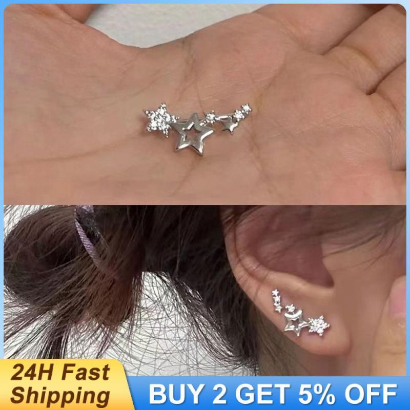 Pentagonal Star Stud Earrings Y2K Punk Zircon Ear Studs Women Girl Korean Star P