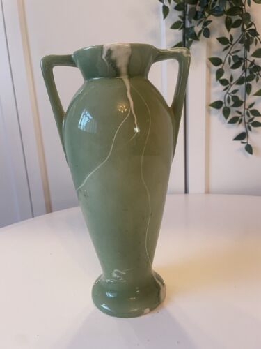 Vintage Green Veined Ceramic Vase Twin Handled Art Deco Italian Vibe - Picture 6 of 7