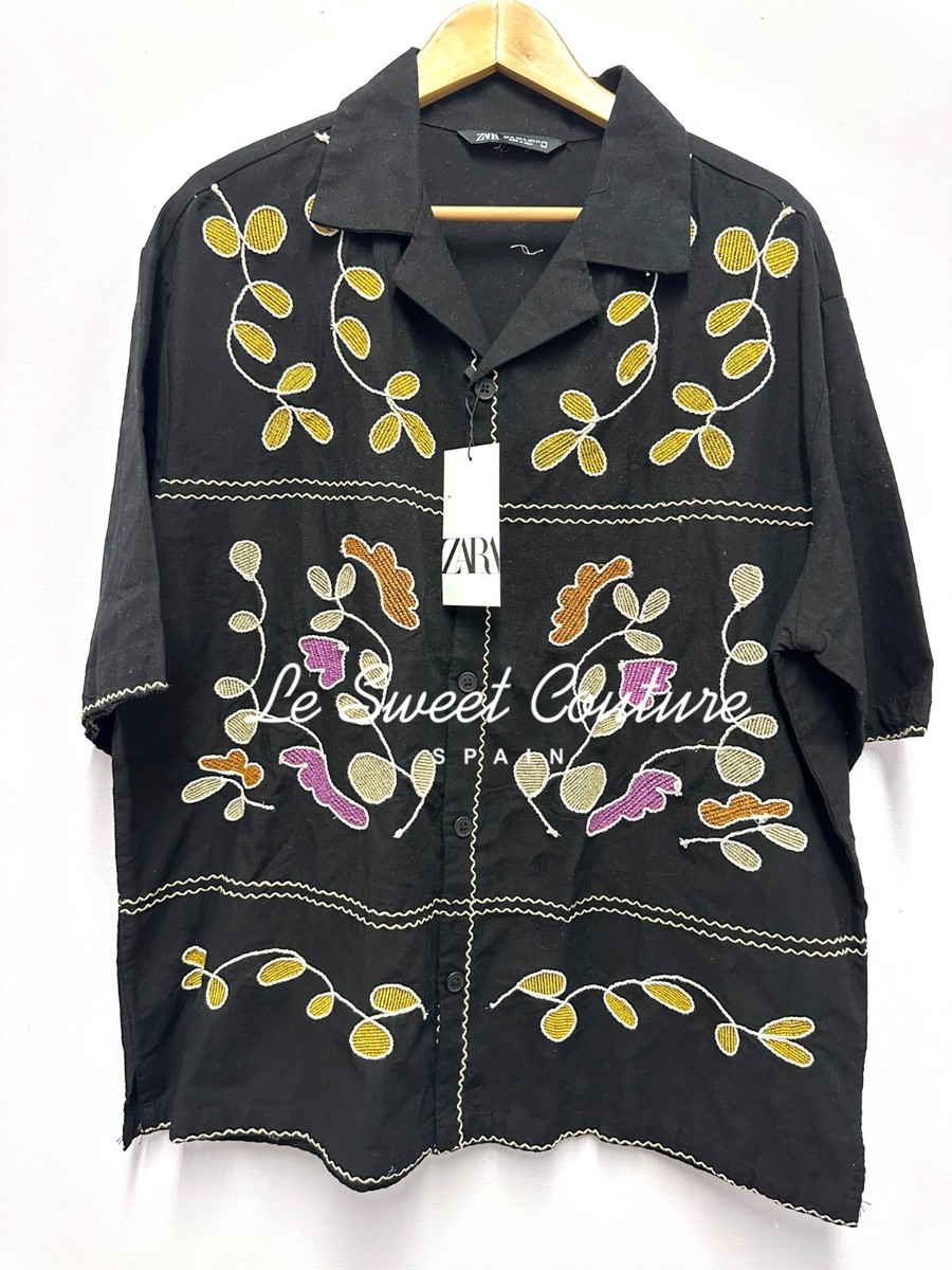 ZARA MAN NWT SS24 SHIRT WITH FLORAL EMBROIDERY BLACK ALL ZARA MAN NWT SS24 SHIRT WITH FLORAL EMBROIDERY BLACK ALL
