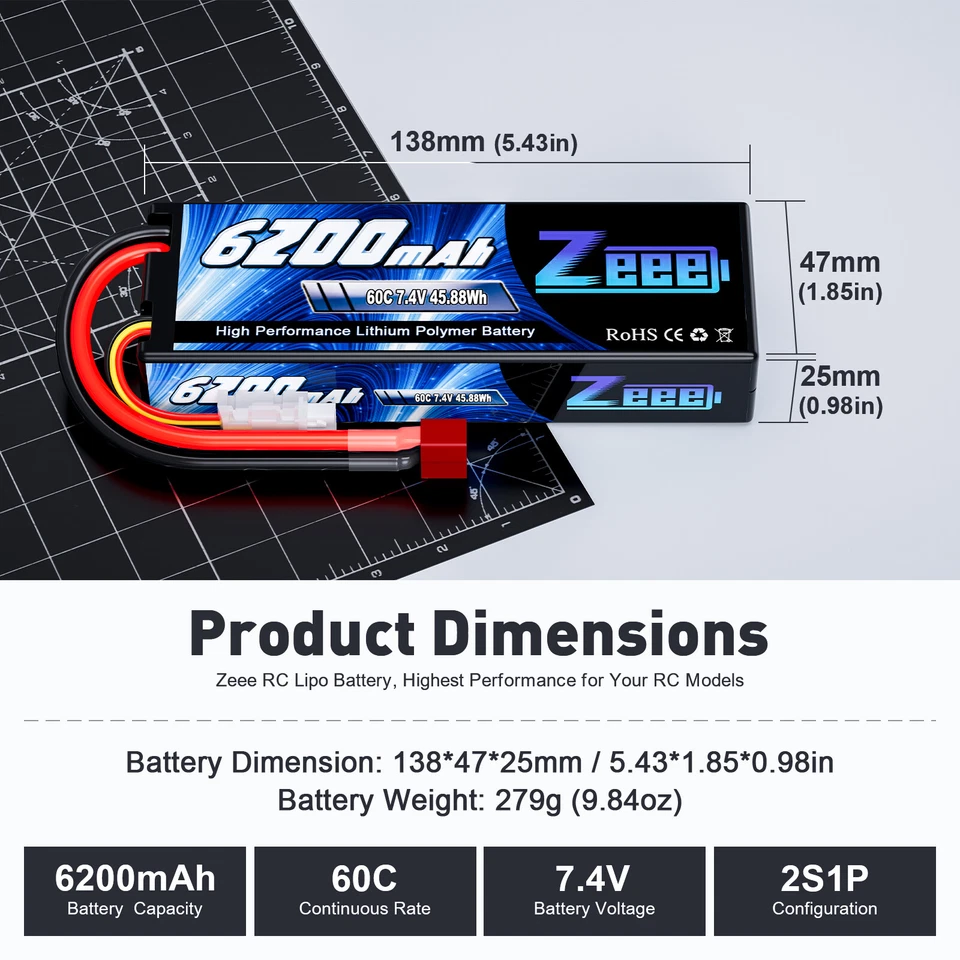 2X Zeee 7,4V 2S LiPo Akku T Stecker 60C 6200mAh Hardcase für RC Auto Truck Heli - Bild 3 von 4