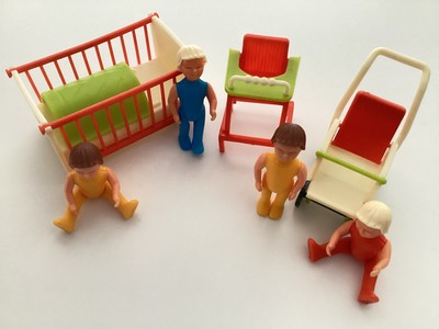 Vtg Bruder, Germany - Toy Crib, Highchair, Stroller, 4 Children, Blanket, 1997