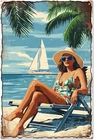 Sunbathing Beach Lady Metal Sign Summer Beach Women Vintage, 12 x 8 Inch