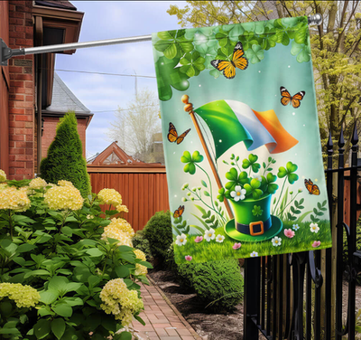 #ad Leprechauns Hat Shamrocks and Ireland Flag Happy St. Pat House Flag Garden Flag $27.10