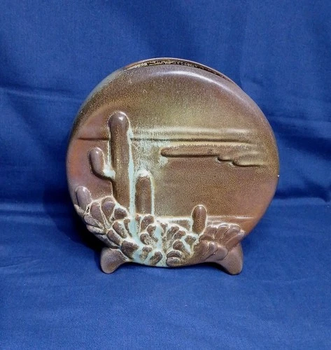 Vintage Frankoma #4 Ceramic Desert Cactus Scene Planter Vase Green Mint Brown