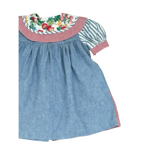 Little Precious Vintage Girls Patchwork Chambray Dress Fruit Print Sz 4T Summer - Picture 5 of 8