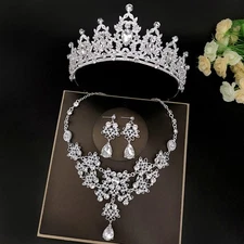 Wedding Queen Bridal Crown Tall Tiara CZ Crystal Women Necklace Earrings Set