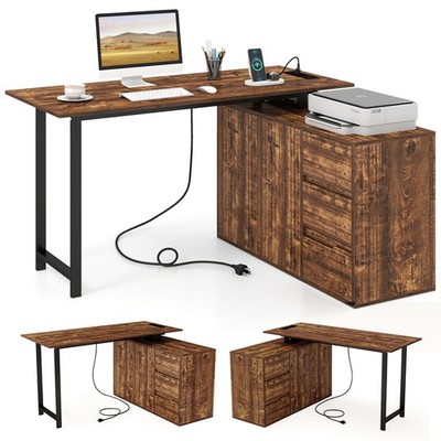 54.5  L-Shaped Computer Desk with File Cabinet, 3 Drawers & Charging Station