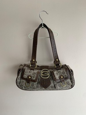 Vintage Guess Monogram Beige Faux Python Leather Denim Y2K Purse Handbag 2000s