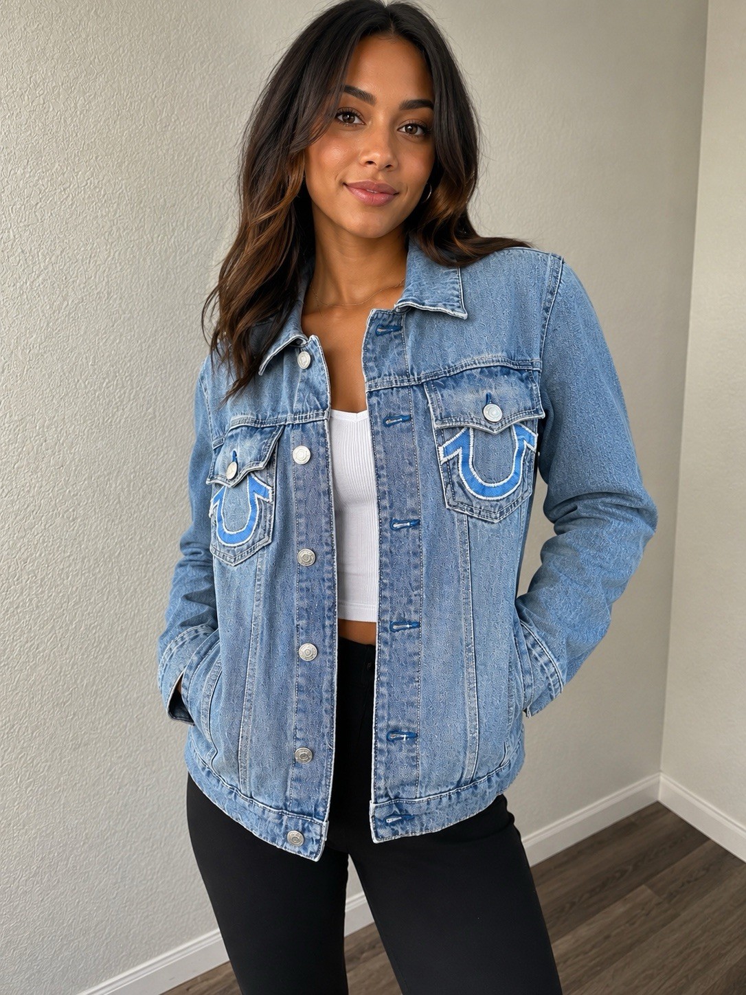 True Religion Light Blue Denim Jacket with Signature Stitching and logo Size M