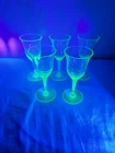 Vintage Set Of 5 Green Uranium Depression Glass Diamond Optic Cordials 5 3/8"