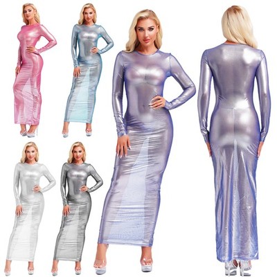Women Shiny Holographic Crew Neck Long Sleeve Bodycon Pencil Midi Beach  Dress
