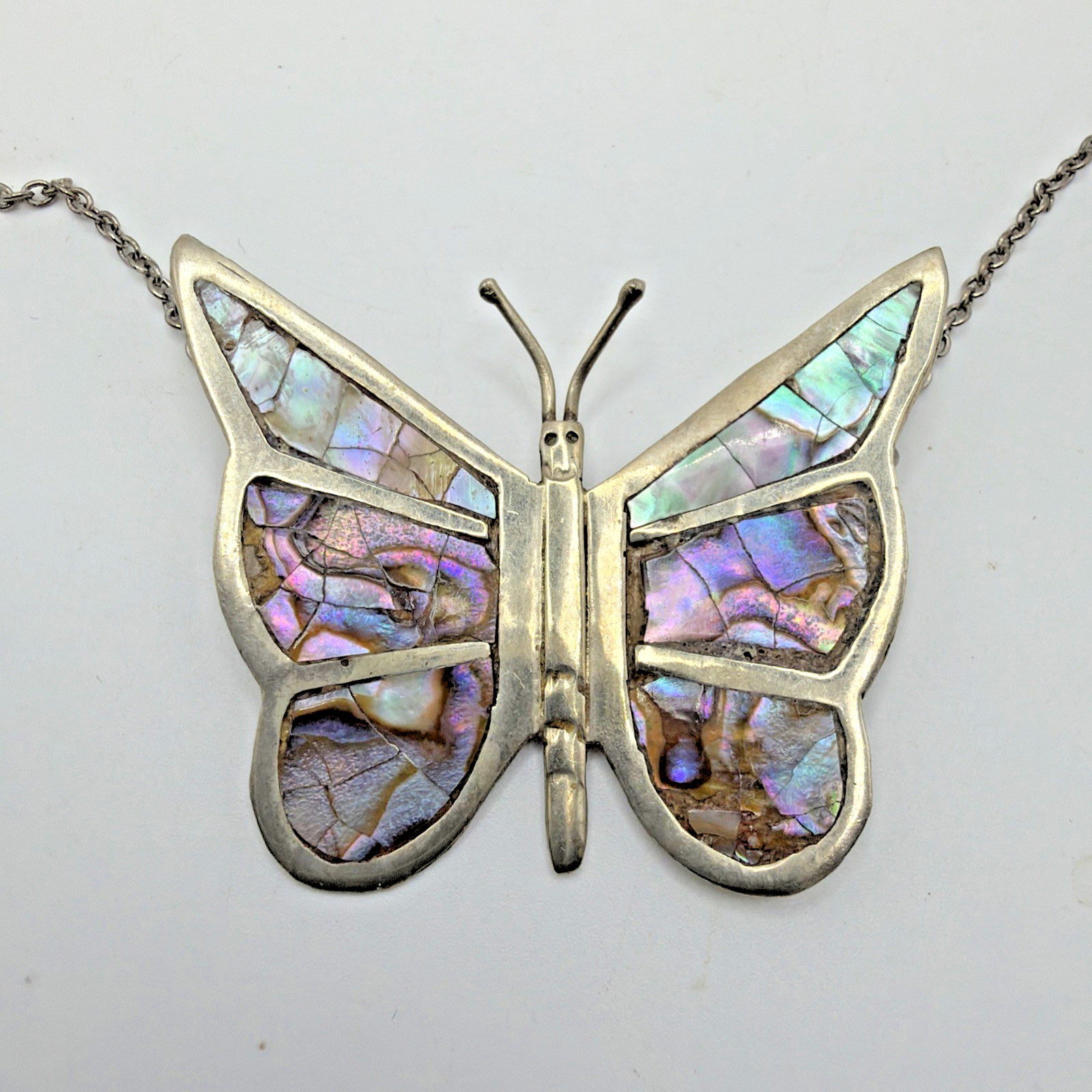 Vintage Sterling Silver Butterfly Necklace Abalone Inlay