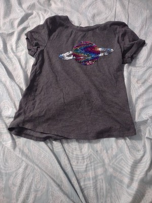 Cat & Jack Girls Gray Sequin Planet Space Graphic Tee Crew Neck Cotton M 7/8