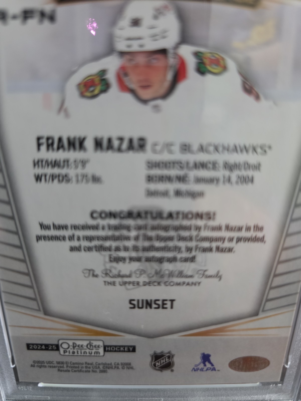 2024-25 OPC Platinum - Frank Nazar Sunset Rookie Auto PSA 10 view 5