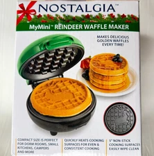 New Nostalgia MyMini Reindeer Waffle Maker, Green Holiday Edition Christmas Gift