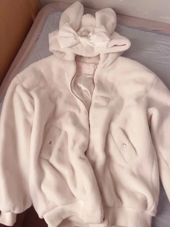 LIZ LISA Ribbon Bunny Ear Faux Fur Blouson White US S Y2K Cute Girly Authentic - Image 2 of 4