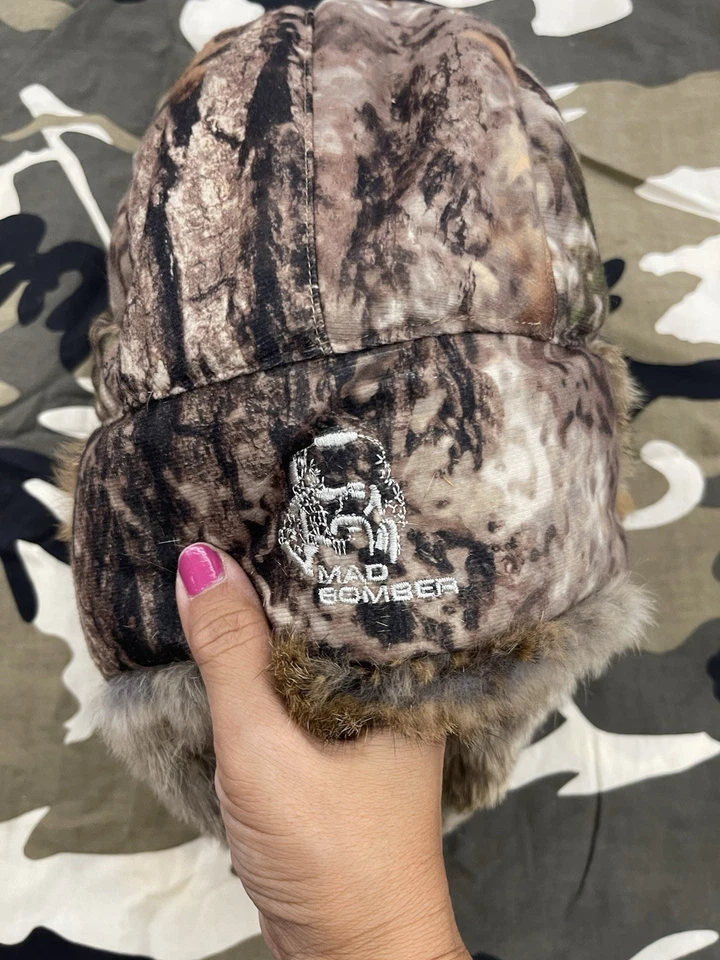 Mad Bomber Fur Trapper Hat Camo Camouflage Natural Rabbit Fur Trim Size L H68 - Image 2 of 3