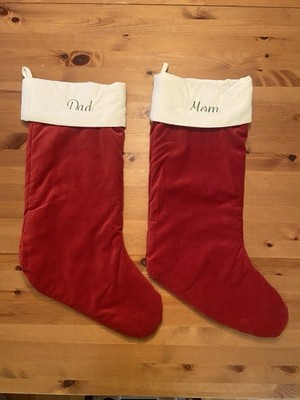 Two Pottery Barn 25.5   Red Velvet Christmas Holiday Stocking Mom/ Dad MONOGRAM