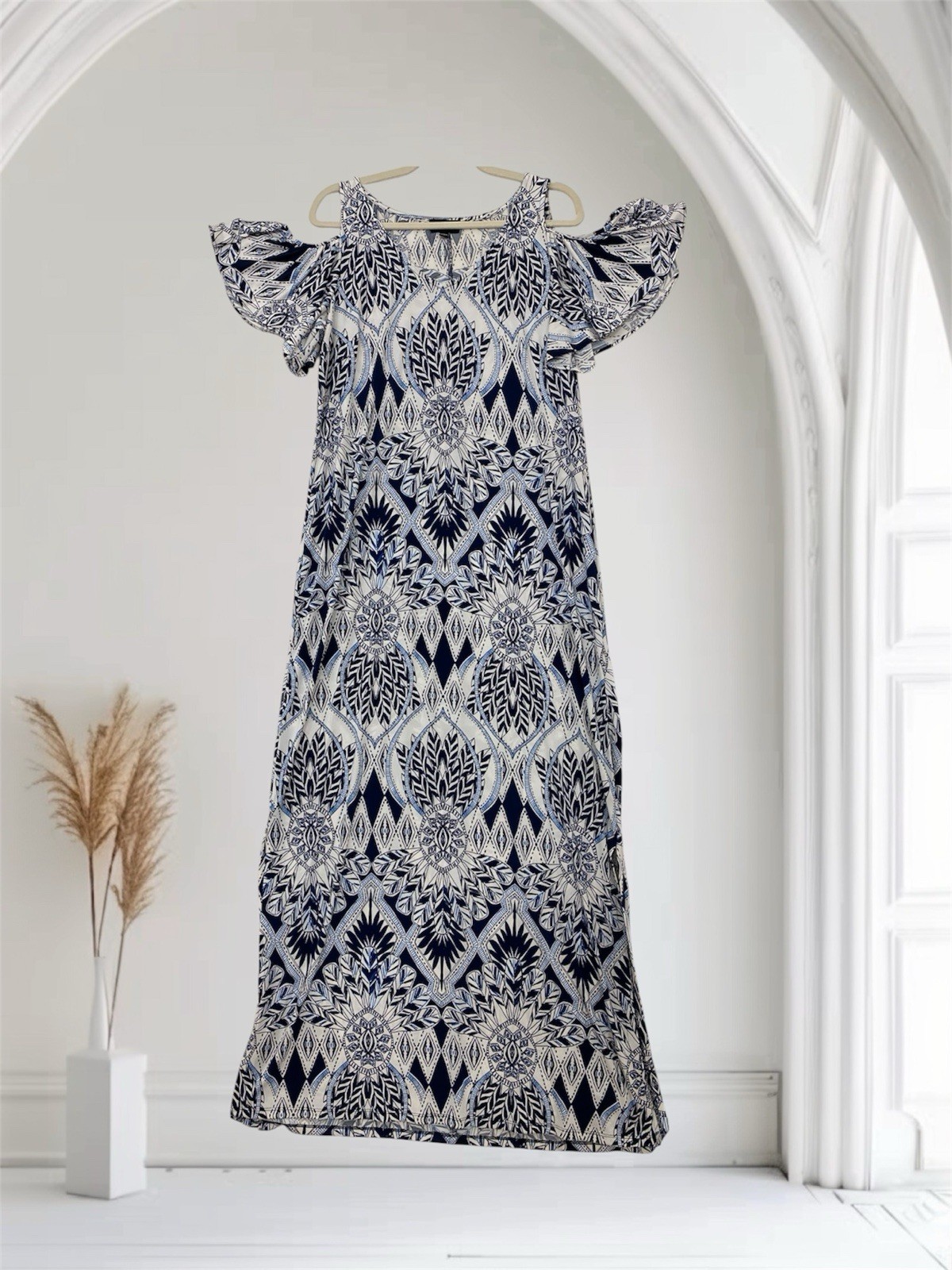 MSK Womens Blue Geo Print Cold Shoulder Maxi Dress Large Slit Flutter Sleeve