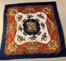 Horse Print Equestrian Scarf 30" x 30" Red Blue Gold Polyester Italy
