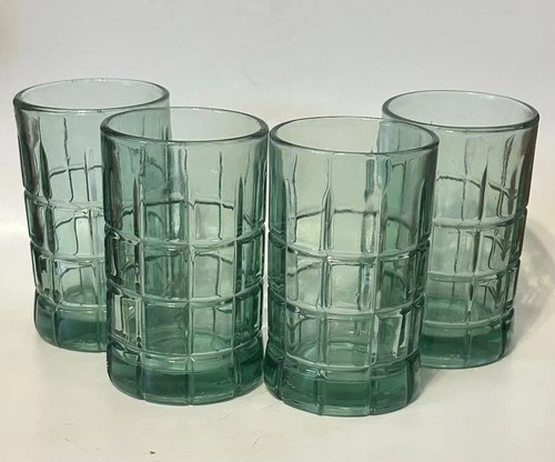 4 Vintage ANCHOR HOCKING Tartan Plaid Emerald green JUICE glasses tumblers 4"