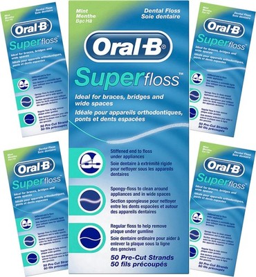 Oral-B Super Floss - 50 Pre-Cut Strands - Mint - 5 packs