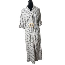 Tahari Striped Linen Blend Shirt Dress Belted Midi Buttoned Size S Resort Wear