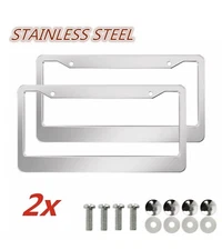 2PCS CHROME STAINLESS STEEL METAL LICENSE PLATE FRAME TAG COVER SCREW CAPS /CF-2