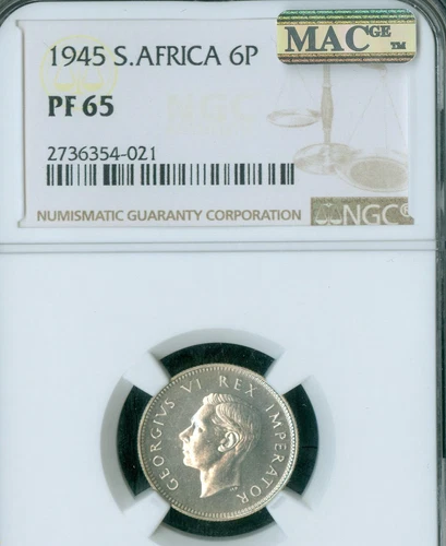 1945 SOUTH AFRICA 6 PENCE NGC PR65 MAC SPOTLESS  150 MINTED  *