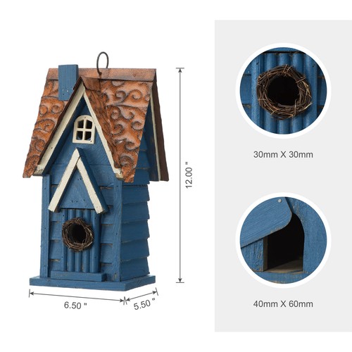Glitzhome 12"H Blue Hand Painted Wooden Cottage Bird House Hanging Nesting Decor - Picture 4 of 11